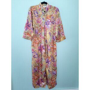 Vtg Santé Satin Zip Multi Color Floral Lounge House Robe Mrs Roper Muumuu Tassel